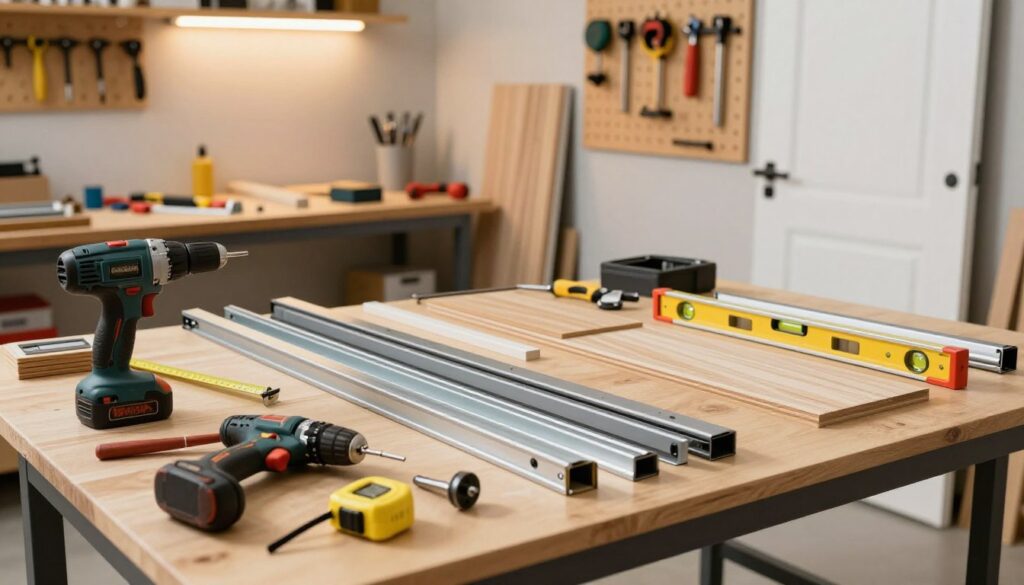 A well-organized workshop interior showcasing essential tools for creating sliding closet doors. In the foreground, focus on a sturdy workbench cluttered with various tools including a power drill, measuring tape, level, and a set of metal tracks and wheels for sliding doors. In the middle ground, display carefully arranged materials like wooden panels and hardware components, highlighting their texture and details. The background features a pegboard neatly holding hand tools, with soft overhead lighting casting a warm glow over the workspace. Capture a sense of productivity and craftsmanship, with an inviting and professional atmosphere that encourages DIY creativity. The composition should be viewed from a slightly elevated angle to encompass all layers harmoniously.