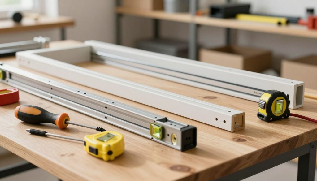 A well-organized workspace featuring a close-up view of Blum drawer slides being prepared for installation. In the foreground, a selection of essential tools such as a screwdriver, measuring tape, and a level rests on a wooden workbench. The middle ground showcases a carefully assembled furniture body, highlighting pre-drilled holes for the Blum slides, while the background includes organized shelves with additional hardware and components, softly blurred to maintain focus on the foreground. Bright, natural lighting illuminates the scene, casting soft shadows, creating an inviting and productive atmosphere. The camera angle is slightly above the workbench, providing a clear view of the setup and tools, evoking a sense of readiness and professionalism in the preparation for assembly.