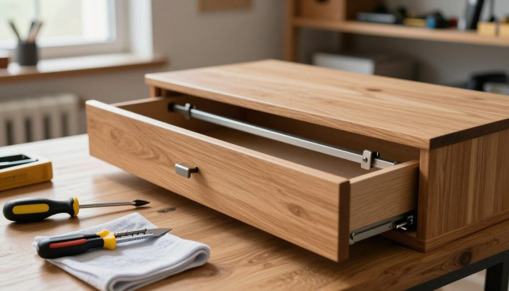 A well-organized workspace featuring a close-up view of a wooden drawer being prepared for removal from a silent soft-close mechanism. In the foreground, tools such as a Phillips screwdriver, a utility knife, and a soft cloth are neatly arranged on a wooden table. The middle section shows the drawer, partially extended, revealing smooth metal glides and careful attention to detail in the mechanism. Soft, natural lighting pours in from a nearby window, highlighting the craftsmanship of the furniture. In the background, blurred shelves filled with tools and boxes create a workshop atmosphere. The mood is focused and professional, conveying a sense of careful preparation and precision without any clutter or distractions.