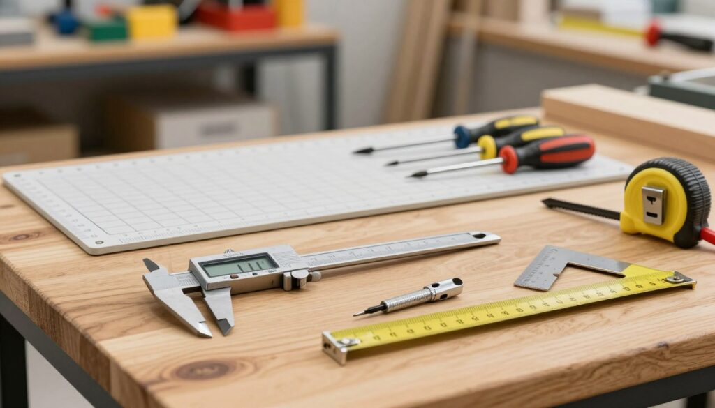 A well-organized workspace featuring a variety of drawer measurement tools on a wooden table. In the foreground, display a digital caliper, measuring tape, and a carpenter's square, all in sharp focus. The middle ground shows a measuring board with marked guidelines and a selection of precision screwdrivers. In the background, softly blurred shelving holds additional measurement tools and equipment. The lighting is bright and evenly distributed, creating a professional atmosphere, with soft shadows enhancing depth. The scene captures a sense of productivity and precision, ideal for a woodworking or cabinetry workshop, conveying the importance of accurate measurement in drawer assembly.