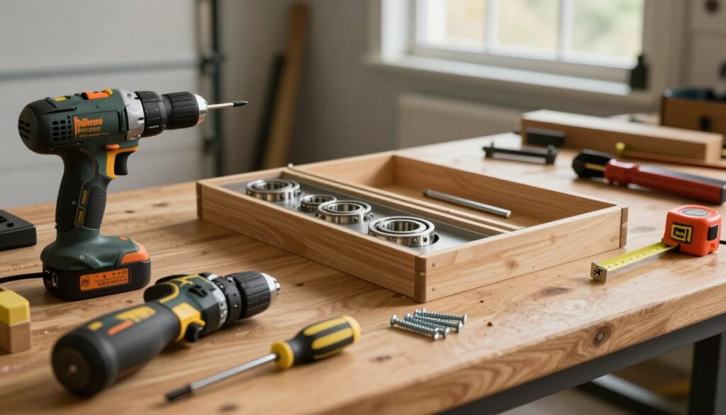 A well-organized workspace for mounting ball-bearing slides, featuring essential tools like a power drill, screwdriver, measuring tape, and a set of screws, all neatly arranged on a wooden workbench. The foreground includes a close-up of the tools, with the drill and screwdriver prominently displayed. In the middle, a partially assembled drawer with its components laid out, showcasing attention to detail in the installation process. The background features a softly blurred garage setting, with ambient light filtering through a window, creating a warm and inviting atmosphere. The scene is captured from a slightly elevated angle, highlighting the workspace and tools while maintaining clarity and focus.