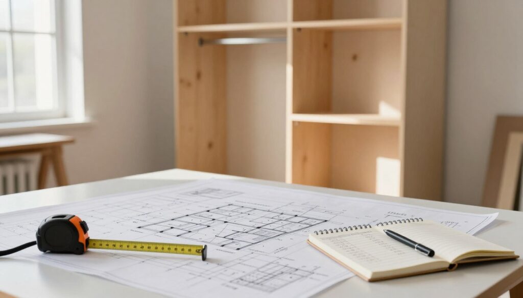 A well-organized workspace showcasing a detailed plan for building a stylish wardrobe on a budget. In the foreground, a large table is covered with blueprints and measurements, along with a tape measure and a notepad filled with calculations. In the middle ground, a partially constructed wardrobe frame stands against the wall, made from budget-friendly materials like plywood and metal fittings. The background features a bright, sunlit room with soft shadows, large windows allowing natural light to flood in, highlighting the craftsmanship and careful planning. The mood is inspirational and practical, emphasizing creativity and resourcefulness in home improvement projects.