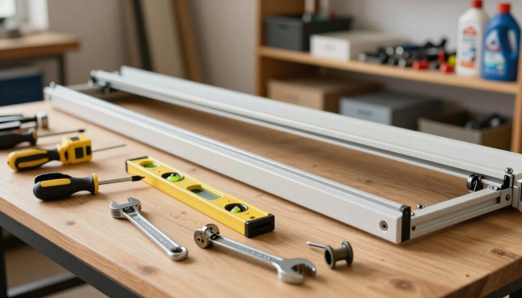 A well-organized workspace showcasing a variety of essential tools for adjusting sliding closet doors. In the foreground, neatly arranged tools including a screwdriver, a measuring tape, a level, a wrench, and replacement rollers, all on a wooden workbench. In the middle, out of focus, a partially disassembled sliding door with its track and rollers visible, demonstrating the context of use. The background features a softly lit workshop with shelves holding various materials like lubricants and spare parts. The lighting is warm and inviting, creating a productive, focused atmosphere. The image is taken from a slightly elevated angle to capture the entire arrangement clearly, emphasizing the importance of having the right tools at hand.