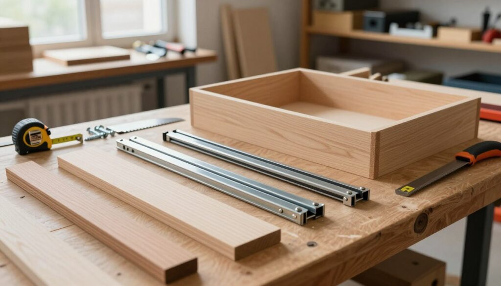 A well-organized workspace showcasing the selection of materials for building workshop drawer solutions. In the foreground, a collection of high-quality wood boards, metal slides, and tools like a saw and measuring tape arranged neatly on a wooden workbench. In the middle, a partially constructed drawer showing the assembly process, with screws and brackets nearby. In the background, soft natural light flows through a window, illuminating the space filled with shelves of various construction materials. The atmosphere is focused and professional, reflecting craftsmanship and attention to detail. The lens captures the scene from a slight overhead angle, emphasizing the materials’ textures and colors, inviting the viewer to appreciate the tools needed for solid construction. A well-organized workspace showcasing the selection of materials for building workshop drawer solutions. In the foreground, a collection of high-quality wood boards, metal slides, and tools like a saw and measuring tape arranged neatly on a wooden workbench. In the middle, a partially constructed drawer showing the assembly process, with screws and brackets nearby. In the background, soft natural light flows through a window, illuminating the space filled with shelves of various construction materials. The atmosphere is focused and professional, reflecting craftsmanship and attention to detail. The lens captures the scene from a slight overhead angle, emphasizing the materials’ textures and colors, inviting the viewer to appreciate the tools needed for solid construction.