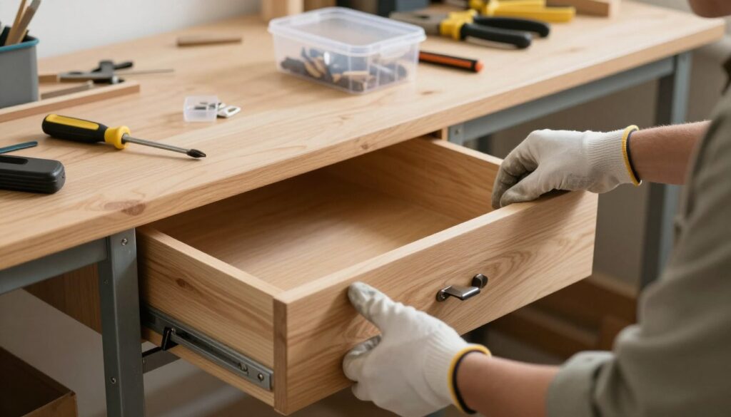 A workspace focused on preparing a drawer for disassembly, showcasing a sturdy wooden drawer partially removed from a metal rail system. In the foreground, a pair of hands, gloved and wearing modest casual attire, gently pull the drawer while examining it for any locking mechanisms. The middle ground features an organized workbench with tools, such as a flathead screwdriver and a pair of pliers, and a clear plastic container for small parts. In the background, soft, diffuse lighting highlights a warm color palette, emphasizing a sense of safety and methodical preparation. The atmosphere is calm and focused, capturing the essence of careful disassembly without the risk of damage. The angle is slightly tilted down to highlight both the action and the workspace.