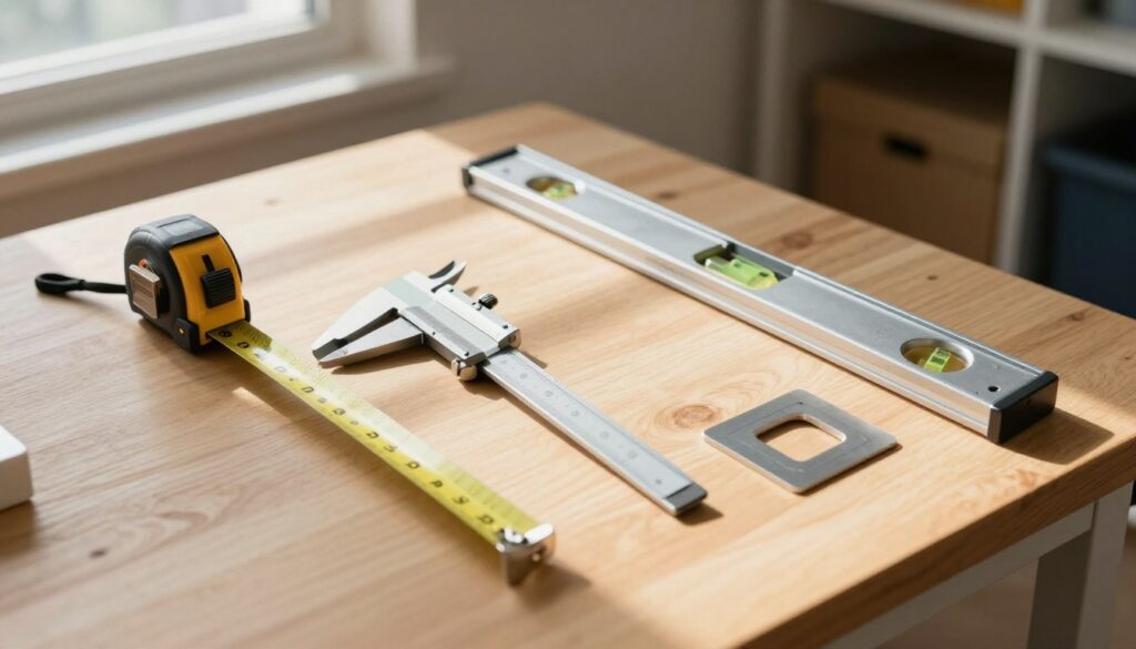 An assortment of precise measuring tools displayed on a clean wooden workbench, including a tape measure, calipers, a level, and a square, all arranged neatly. Soft natural light streams in from a nearby window, casting gentle shadows across the surface, emphasizing the metallic textures and wooden grain. In the background, a partially open closet with sliding doors is subtly visible, suggesting the context without detracting from the focus on the tools. The atmosphere is calm and professional, evoking a sense of accuracy and reliability, ideal for technical measurement tasks. The lens captures the scene from a slight overhead angle to highlight the tools effectively without any distractions.