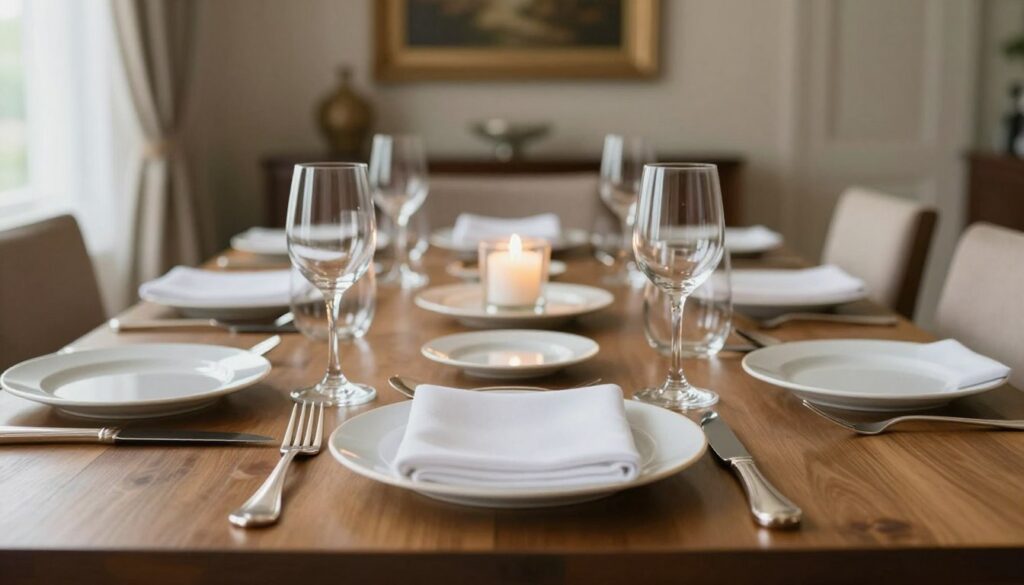 An elegant dining table set for a formal meal, showcasing the correct placement of utensils according to the sequence of courses. The foreground features polished silver cutlery, including forks, knives, and spoons, arranged symmetrically beside neatly folded cloth napkins. The middle ground displays an array of pristine dinner plates and glassware, reflecting soft ambient lighting from candles flickering in tasteful holders. The background is a subtle blur of an elegantly decorated dining room, complete with tasteful artwork and soft drapery. The scene radiates sophistication and adherence to table etiquette, creating a warm and inviting atmosphere perfect for an upscale dining experience. Natural light filters in softly, highlighting the sheen on the cutlery, enhancing the allure of a perfectly laid table.