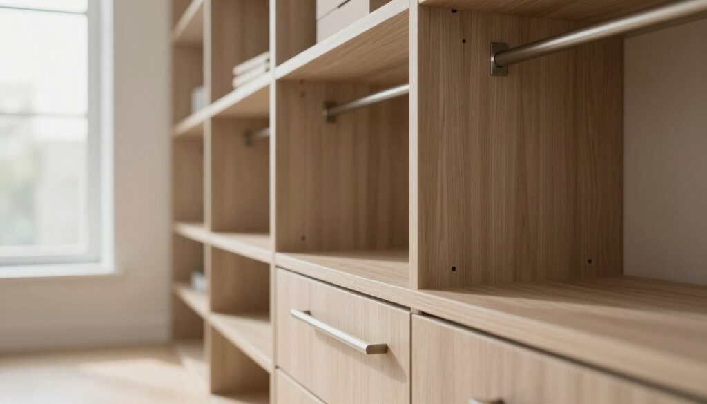 An ergonomic closet design showcasing standard height placements for handles. In the foreground, a sleek wooden cabinet with modern, minimalist handles at the recommended heights, emphasizing practicality and style. The middle section features a close-up view of the handles installed, capturing the craftsmanship and material quality, demonstrating variations in height. The background includes a light and airy room with soft, natural lighting streaming in through a large window, highlighting the neutral color palette of the closet space. The atmosphere conveys a sense of organization and elegance, suitable for an interior design context. The scene is devoid of any text or distractions, focusing entirely on the closet's design and functionality.