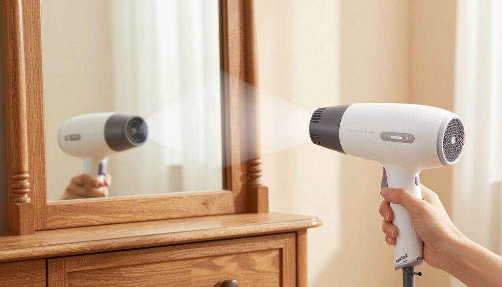 An illustration of the "heat method" for safely removing a mirror from a cabinet, featuring a hairdryer and a heat gun in action. In the foreground, showcase a close-up of the tools: a stylish hairdryer and a small, professional heat gun, emitting soft heat waves, hinting at their purpose. In the middle, depict the mirror slightly detached from a beautifully crafted wooden cabinet, with gentle reflections of light bouncing off its surface, creating a warm atmosphere. The background should include a well-lit, tidy room with soft pastel colors to evoke a sense of safety and calm. The lighting should be natural, creating a warm glow, and the angle should be slightly above eye level, focusing on the tools' effectiveness without any clutter or distractions.
