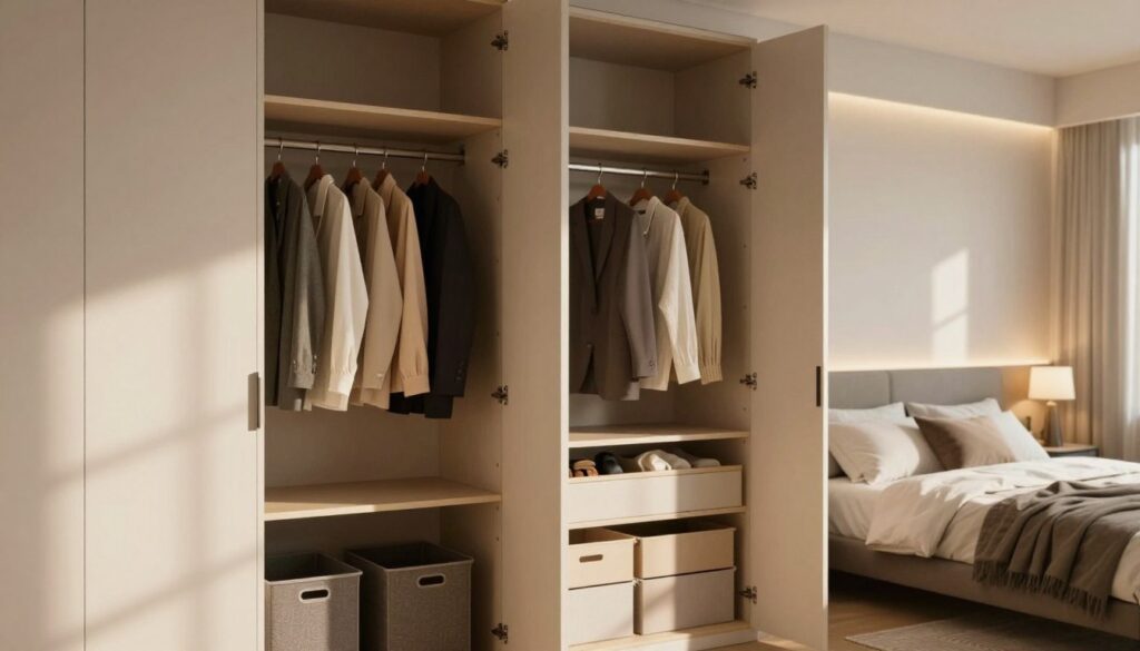 An interior scene showcasing a stylish, budget-friendly wardrobe built into a recess, emphasizing smart design and cost-effective materials. In the foreground, a sleek, modern wardrobe with clean lines, featuring open shelving, clothes hanging space, and neatly organized storage bins. The middle section highlights the construction elements like panels and modular components that create an illusion of luxury without high costs. In the background, a softly illuminated bedroom ambience with natural light filtering through a window, casting gentle shadows on the walls. Use a warm, inviting color palette to enhance the cozy atmosphere, captured at an eye-level angle to provide an intimate perspective. The mood should be inspiring and aspirational, highlighting the potential of affordable home improvement solutions.