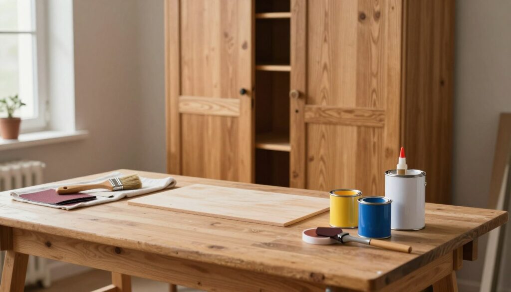 An organized and well-lit workspace for refurbishing an old wooden wardrobe. In the foreground, a large wooden workbench is neatly arranged with essential tools: a paintbrush, sandpaper, wood glue, and paint cans in vibrant colors. A drop cloth lies beneath the workbench, showcasing a tidy environment. The middle ground features the wardrobe itself, partially stripped of its old paint, revealing textured wood grain. In the background, soft ambient lighting filters through a window, casting gentle shadows that create a calm atmosphere. The scene is inviting and reflects a stress-free, professional approach to DIY home improvement. No people are included in the image, focusing solely on the workspace setup.