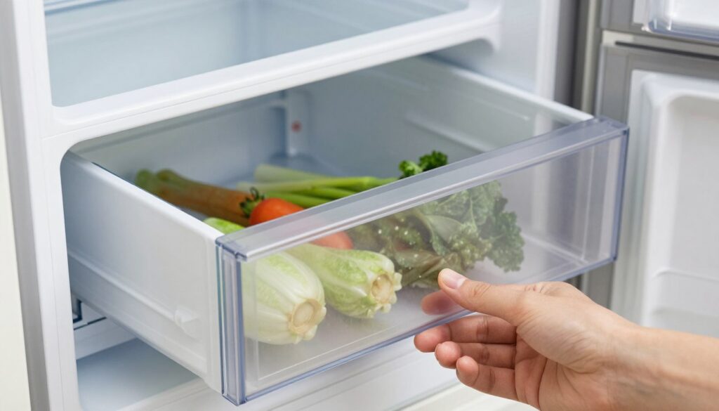 Close-up view of an open Indesit refrigerator, focusing on a clear, well-organized drawer, showcasing its smooth gliding mechanisms and detachable parts. The foreground features a hand gently pulling the drawer out, demonstrating the disassembly process without causing damage. In the middle ground, visible details include the drawer's translucent design highlighting fresh vegetables inside, while the background captures the sleek interior of the refrigerator with soft, even lighting. The overall mood is practical and informative, emphasizing clarity and ease of use. The angle is slightly above eye-level, giving a comprehensive view of the drawer while maintaining a clean and distraction-free setting.