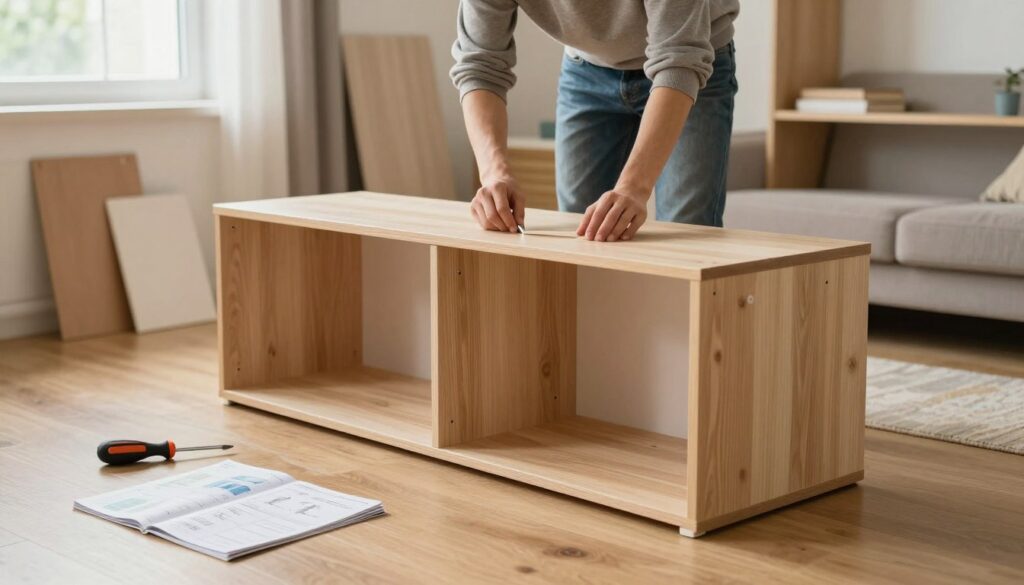 In a bright, well-lit room with wooden floors, a person in modest casual clothing is carefully assembling a modern wardrobe, surrounded by various tools like a screwdriver and an instruction manual. The foreground features neatly arranged parts of the wardrobe—a wooden frame, doors, and shelves—showcasing the assembly process. In the middle, the individual is focused, with their hands diligently working on connecting two panels, illustrating the concept of DIY furniture assembly. The background includes half-finished furniture pieces and a cozy living space, adding context to the scene. Soft natural light filters through a nearby window, creating a warm and inviting atmosphere that emphasizes a sense of accomplishment and practicality in home improvement projects.