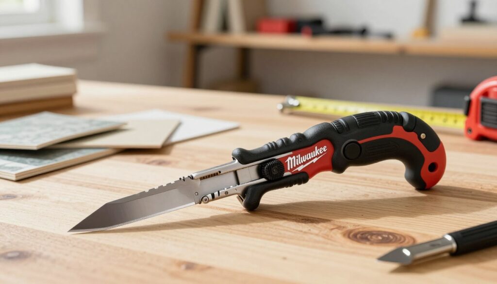 A Milwaukee utility knife prominently displayed on a wooden workbench, showcasing its durable design and ergonomic handle. In the foreground, the blade is partially extended, glinting under bright, natural light that highlights its sharp edge and precision craftsmanship. The middle ground features scattered wallpaper samples and a measuring tape, emphasizing a DIY project atmosphere. The background contains a soft-focus view of a home improvement workspace, with tools neatly arranged on shelves and a hint of canvas drop cloths. The overall mood is focused and industrious, reflecting the practicality and reliability of the Milwaukee knife. The image should be captured from a slightly elevated angle to give depth, showcasing the details and functionality of the knife in a professional manner. No text or watermarks.
