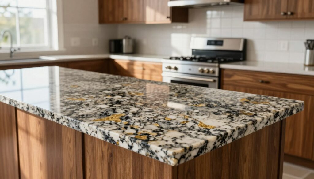 A beautiful, polished granite countertop prominently displayed in a modern kitchen setting. The foreground features the rich texture of the granite, showcasing detailed flecks of varying colors such as deep blacks, whites, and hints of gold. In the middle, sleek kitchen cabinets made of contemporary wood stand juxtaposed against the sturdy granite surface, with stainless steel appliances providing a glimmer of sophistication. The background reveals an airy and well-lit kitchen, with large windows allowing natural sunlight to flood in, casting gentle shadows. The atmosphere is inviting and elegant, perfect for illustrating durability and style. The image is captured with a wide-angle lens, highlighting both the beauty and functionality of granite countertops in everyday life.