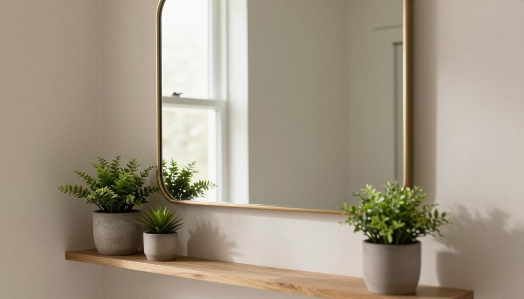 A beautifully arranged bathroom mirror scene featuring an elegant wall-mounted mirror surrounded by a thoughtfully designed setup. In the foreground, a stylish shelf holds small potted plants, adding a touch of greenery and vibrancy. The middle layer showcases the mirror accentuated by a decorative wooden or metal frame connected to the wall, creating depth and contrast. In the background, soft, natural lighting filters through a nearby window, casting gentle shadows that enhance the serene atmosphere. The color palette consists of warm neutrals with hints of green, promoting a calming and inviting mood. The angle captures the reflection in the mirror, revealing the beautiful arrangement around it without any human subjects.
