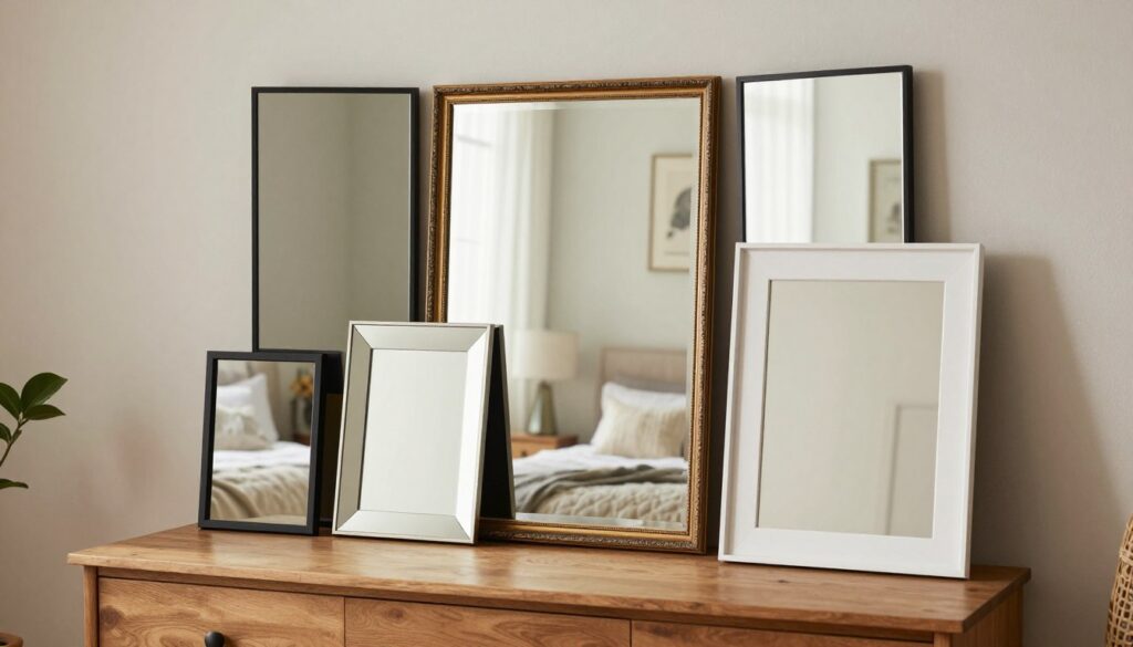 A beautifully arranged display featuring a three-panel mirror set in a stylish bedroom environment. In the foreground, highlight various mirror sizes and frames—one with a sleek modern design, another with an ornate vintage touch, and a third with a minimalist aesthetic—positioned on a wooden dresser. The middle ground includes soft, tasteful lighting that captures the reflections in the mirrors, creating a warm and inviting atmosphere. The background consists of a cozy bedroom setting, with light-colored walls, subtle decorative elements like plants, and soft textiles, enhancing the overall home decor feel. The mood is elegant and functional, showcasing how to choose the right size, materials, and finishes for a mirror frame in a living space.
