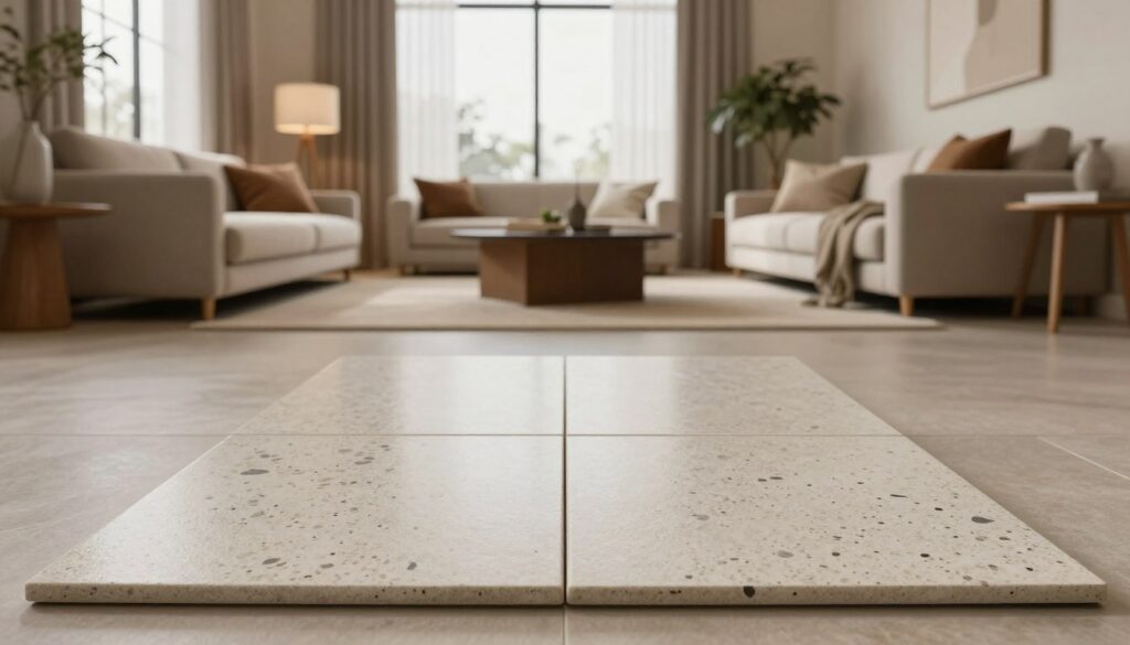 A beautifully arranged display of lappato tiles in an elegant living room setting. In the foreground, focus on a polished lappato tile sample, showcasing its unique semi-matte finish and reflective qualities under soft, diffused lighting. The middle ground includes a stylish living room scene with tasteful furniture, warm tones, and natural textures, highlighting the tiles' versatility. In the background, soft, ambient light pours in through a large window, complementing the room's cozy atmosphere. Use a wide-angle lens to capture the entirety of the scene, emphasizing the balance between elegance and comfort. Create an inviting and serene mood that reflects the practicality and aesthetic appeal of lappato tiles in everyday living.
