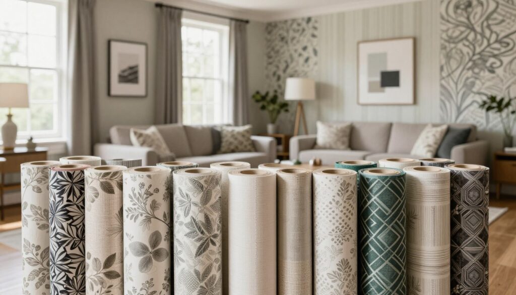 A beautifully arranged display of various high-quality wallpaper rolls in a well-lit interior setting. In the foreground, elegantly patterned wallpaper rolls, showcasing a variety of textures and designs, such as floral, geometric, and abstract styles. The middle ground features a stylish living room scene, highlighting freshly decorated walls adorned with these wallpapers, with tasteful decor pieces like a contemporary sofa and modern artwork. In the background, large windows allow soft, natural light to flood the room, creating a warm and inviting atmosphere. The overall mood is sophisticated and inspiring, perfect for demonstrating the relationship between price and quality in wallpaper choices.