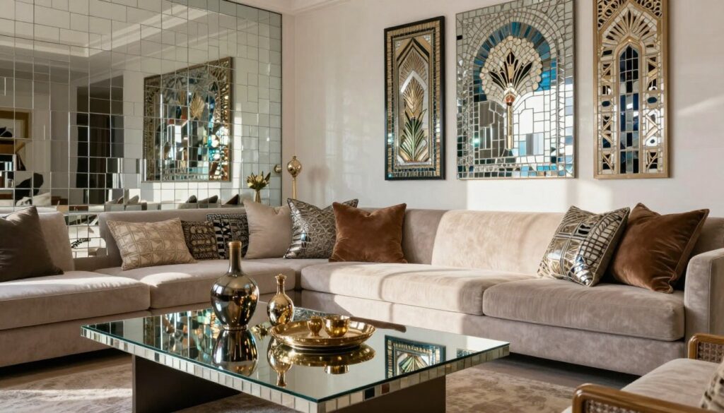 A beautifully arranged interior scene showcasing mirror mosaic elements, emphasizing various styles: a touch of glamour with sparkling reflections, modern minimalism with clean lines, elegant art déco motifs, and rugged industrial accents. In the foreground, a well-lit coffee table adorned with stylish décor objects reflects the mosaic backsplash in the background. The middle ground features a chic seating area with plush cushions and textured fabrics, harmonizing with the shimmering mosaics. Natural light floods the space, creating a warm and inviting atmosphere, with soft shadows that enhance depth. The angle is slightly elevated, offering a comprehensive view of both the elegant décor and the strategic placement of mirror mosaics. The mood is sophisticated yet welcoming, ideal for a contemporary living space.