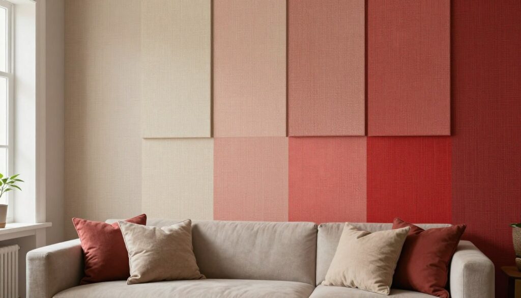 A beautifully arranged interior scene showcasing various textured wallpapers inspired by canvas designs, featuring a gradient color palette from soft beiges to vibrant reds. In the foreground, display a living room setting with a stylish sofa and decorative pillows, complementing the wall colors. The middle layer should reveal a variety of wall samples, highlighting the richness of texture and color transitions. In the background, a softly lit window allows natural light to filter in, enhancing the color depth and creating a warm, inviting atmosphere. Use a wide-angle lens perspective to capture the entire scene, evoking a sense of harmony and creativity in home decor.