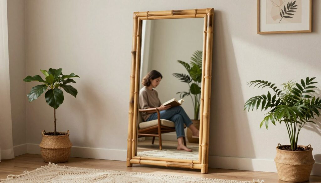 A beautifully arranged interior showcasing a bamboo mirror as the focal point. In the foreground, a stylish bamboo mirror is reflected in warm, natural light, emphasizing its eco-friendly aesthetic. Surrounding the mirror are elements of boho and Japandi design, including a soft, textured rug and potted plants with lush greenery. In the middle ground, a cozy seating area with modest casual clothing is worn by a person sitting on a vintage chair, reading a book, contributing to a relaxed atmosphere. The background features soft, neutral-toned walls adorned with minimalistic artwork, enhancing the serene and harmonious vibe. The overall mood is inviting and tranquil, promoting the use of bamboo mirrors as a versatile and natural home accessory.