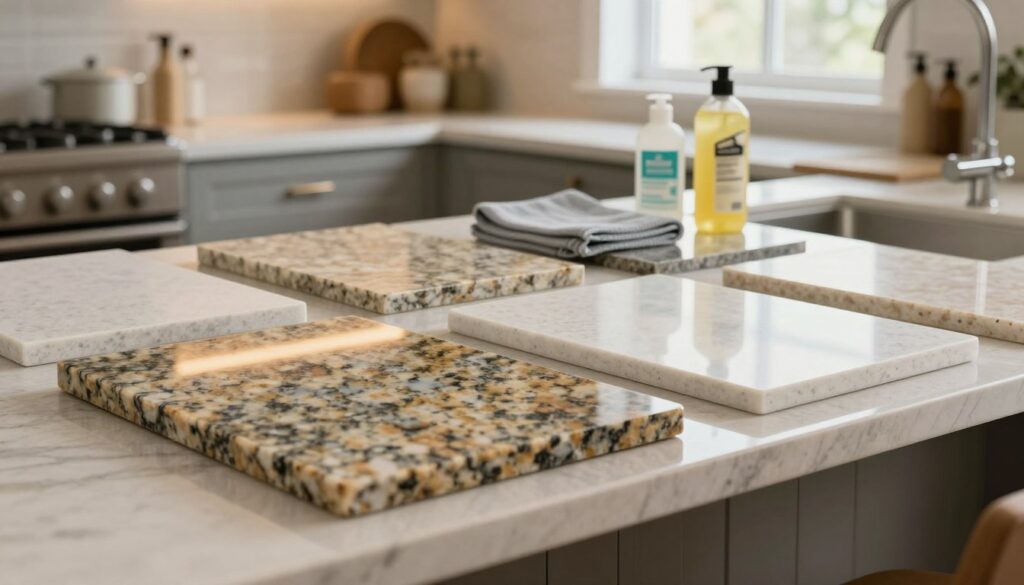A beautifully arranged kitchen countertop featuring an array of natural stone and engineered stone samples, showcasing various textures and colors. In the foreground, a polished granite slab reflects soft, warm ambient lighting, highlighting its deep veining. Beside it, a matte-finished quartz surface offers a contrast with its uniform appearance. The middle ground includes cleaning tools, such as a microfiber cloth and gentle cleaning solutions, emphasizing the theme of maintenance and care. In the background, a well-designed kitchen with stylish cabinetry and soft, natural light filtering through a window creates a welcoming atmosphere. The image evokes a sense of professionalism and elegance, perfect for illustrating the topic of stone care and maintenance.