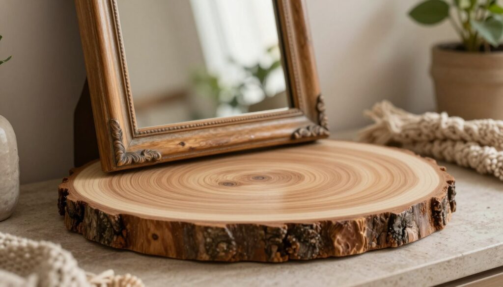 A beautifully arranged scene featuring a rustic wooden slice decoratively placed on a textured surface. The foreground showcases the smooth, natural edges of the wood, highlighting its unique grains and knots, creating an inviting contrast to the gentle warmth of natural wood tones. In the middle ground, a vintage-style mirror with an ornate wooden frame is leaning against the slice, reflecting soft, ambient light. The background is softly blurred, hinting at a cozy interior with natural elements like potted plants and woven textiles, enhancing the rustic and boho atmosphere. The lighting is warm and diffused, reminiscent of late afternoon sunlight, creating a serene and harmonious mood that captures the essence of natural decoration. The composition is shot from a slightly elevated angle to provide depth and visual interest. A beautifully arranged scene featuring a rustic wooden slice decoratively placed on a textured surface. The foreground showcases the smooth, natural edges of the wood, highlighting its unique grains and knots, creating an inviting contrast to the gentle warmth of natural wood tones. In the middle ground, a vintage-style mirror with an ornate wooden frame is leaning against the slice, reflecting soft, ambient light. The background is softly blurred, hinting at a cozy interior with natural elements like potted plants and woven textiles, enhancing the rustic and boho atmosphere. The lighting is warm and diffused, reminiscent of late afternoon sunlight, creating a serene and harmonious mood that captures the essence of natural decoration. The composition is shot from a slightly elevated angle to provide depth and visual interest.