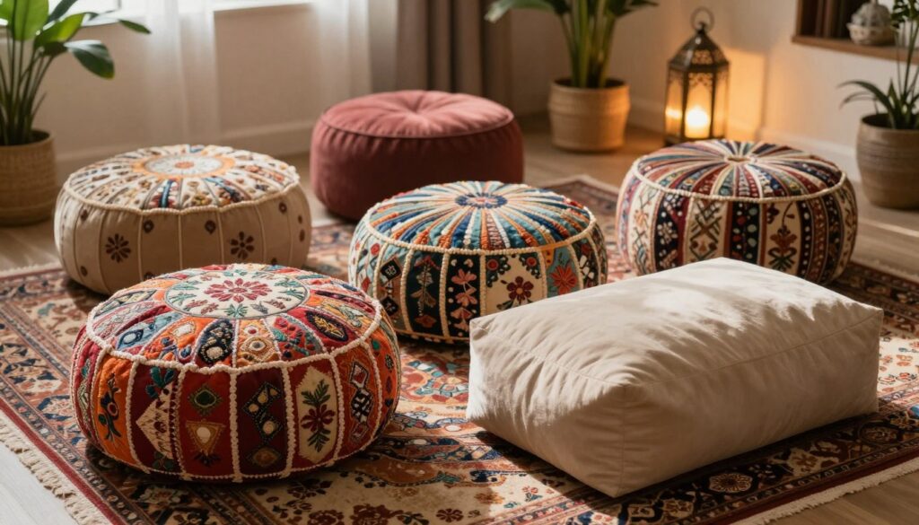 A beautifully arranged setting showcasing a variety of oriental poufs in different dimensions, emphasizing their unique designs and textures. In the foreground, highlight a plush, round pouf with intricate embroidery and vibrant colors, alongside a rectangular pouf with a smooth finish. In the middle ground, display additional poufs of various sizes, all exuding an exotic atmosphere, placed on a richly detailed rug. The background features a softly lit, cozy room with warm tones, adorned with indoor plants and decorative lanterns casting gentle shadows. Use soft, natural lighting to create an inviting and serene mood, capturing the essence of how these poufs can transform a living space into a haven of exotic comfort. Aim for a slightly elevated angle to ensure all poufs are visible and showcase their dimensions clearly.