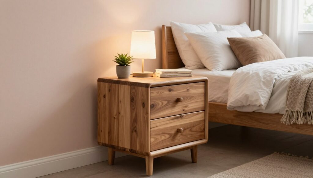 A beautifully crafted DIY nightstand, made from warm, reclaimed wood, prominently displayed in the foreground. The nightstand features a smooth, rounded top and elegant, minimalist design with stacked drawers. Beside it, a stylish, modern lamp casts a soft, ambient glow, illuminating a small potted plant and a cozy book. In the middle ground, a tastefully arranged bedroom showcases soft pastel wall colors and a neatly made bed with fluffy pillows and a textured throw blanket. In the background, a window allows natural light to stream through, creating a serene atmosphere. The camera angle is slightly tilted to emphasize the nightstand's details, inviting viewers to imagine the tranquil space it creates. Overall, the composition conveys warmth, comfort, and creativity in home design.