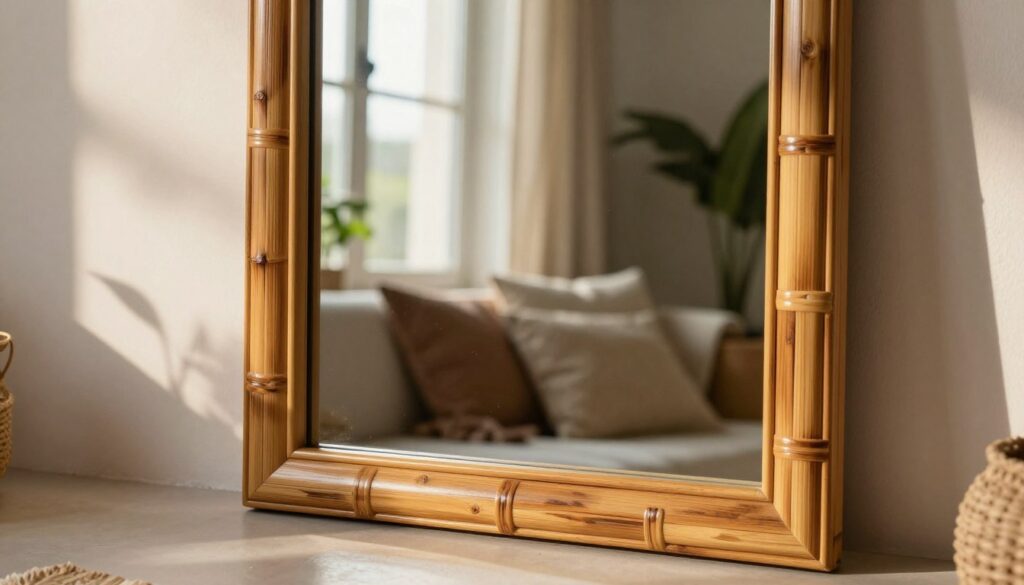 A beautifully crafted bamboo mirror, elegantly framed by rich, warm bamboo textures, capturing a serene and natural aesthetic. In the foreground, the mirror reflects soft, warm daylight filtering through a nearby window, highlighting its smooth surface and intricate details of the bamboo frame, which showcases a subtle, artistic weave. In the middle ground, a cozy boho-inspired interior setting is visible, adorned with earthy textiles and greenery, creating a harmonious balance with the natural materials. The background features gentle shadows cast by plants and ambient light, enhancing the calming atmosphere of the space. Overall, the scene conveys a tranquil and inviting mood, embodying the essence of sustainable, eco-friendly design in contemporary interiors.