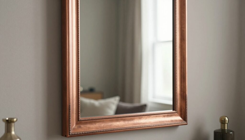 A beautifully crafted copper-framed mirror, elegantly reflecting light and enhancing the space. The mirror features intricate detailing on the frame, showcasing a blend of modern and classic design elements. In the foreground, the mirror captures soft natural light, creating a warm and inviting atmosphere. In the middle, the mirror is positioned against a tastefully decorated wall adorned with subtle textures and shades that complement the frame. The background features blurred hints of neutral-toned furnishings, evoking a sense of tranquility and sophistication. The scene is lit with gentle ambient lighting, heightening the luxurious feel of the copper accents. The overall mood is sophisticated and harmonious, perfect for illustrating the beauty and versatility of copper-framed mirrors in various interior styles.