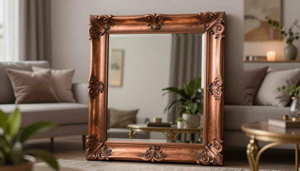 A beautifully crafted copper-framed mirror, elegantly showcasing intricate details in its design. The mirror takes center stage against a softly lit, modern living room backdrop, with subtle touches of classic decor—like plush cushions and an ornate coffee table. The reflective surface of the mirror captures the warm ambient light, creating a cozy atmosphere. In the foreground, hints of lush greenery from potted plants add a refreshing contrast. The overall mood is sophisticated yet inviting, demonstrating how the copper frame complements both modern and classical styles. The image is captured from a low angle to emphasize the mirror’s grandeur, focusing on its textures and reflections, with soft bokeh in the background to enhance depth.