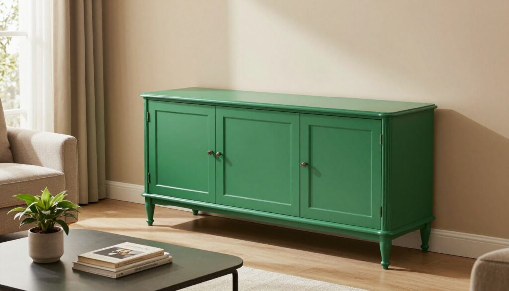 A beautifully crafted green sideboard (kredens zielony) as the focal point in a stylish living room. The sideboard features elegant detailing, with curved edges and ornate handles, standing against a warm, neutral wall. In the foreground, a minimalist coffee table with decorative books and a potted plant complements the sideboard. In the middle ground, a cozy armchair and soft textiles create an inviting atmosphere. The background reveals a window with natural light streaming in, enhancing the green hue of the sideboard. The setting should evoke a sense of balance and harmony, showcasing how the green sideboard acts as a strong accent, infused with a modern yet timeless aesthetic. The lighting is soft and warm, captured with a slight overhead angle to emphasize the sideboard's charm.