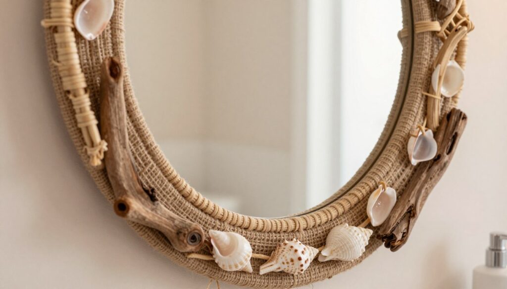 A beautifully crafted mirror surrounded by a natural frame, showcasing elements of jute, rattan, wood, and shells. In the foreground, the mirror reflects a soft, warm light, enhancing the textures of the materials. The jute adds an earthy, rustic feel, while the rattan elements weave intricately around the mirror’s edge, lending a sense of organic elegance. Pieces of driftwood provide a contrasting natural texture, and polished seashells glisten subtly, catching the light. The background features a soft, blurred bathroom setting with muted pastel colors, creating a tranquil atmosphere. The lighting is soft and diffused, invoking a serene and inviting mood, ideal for a stylish and natural bathroom decor.