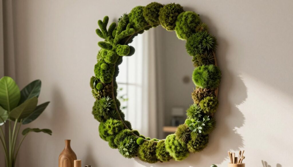 A beautifully crafted wall mirror adorned with vibrant green reindeer moss, showcasing a naturalistic design that highlights the benefits of biophilic decor. In the foreground, the lustrous mirror reflects soft, natural light cascading over the moss, enhancing its rich textures. The middle ground features a minimalist, elegant room setting with wooden accents and a serene indoor plant, creating a harmonious atmosphere. In the background, soft-focus walls painted in neutral tones complement the mirror's earthy appeal. The lighting is soft and warm, evoking a calm and inviting mood, ideal for any living space. Capture this striking combination of nature and modern design, emphasizing a stylish yet functional decorative piece. A beautifully crafted wall mirror adorned with vibrant green reindeer moss, showcasing a naturalistic design that highlights the benefits of biophilic decor. In the foreground, the lustrous mirror reflects soft, natural light cascading over the moss, enhancing its rich textures. The middle ground features a minimalist, elegant room setting with wooden accents and a serene indoor plant, creating a harmonious atmosphere. In the background, soft-focus walls painted in neutral tones complement the mirror's earthy appeal. The lighting is soft and warm, evoking a calm and inviting mood, ideal for any living space. Capture this striking combination of nature and modern design, emphasizing a stylish yet functional decorative piece.