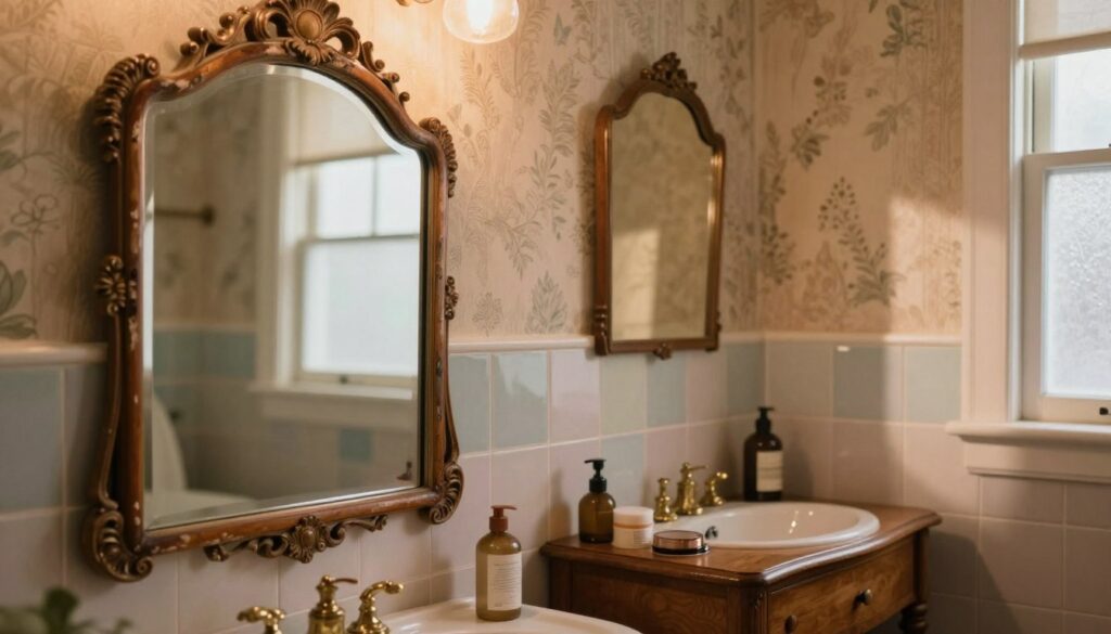 A beautifully curated vignette showcasing authentic vintage mirrors, set in a cozy, retro-styled bathroom. The foreground features a striking, ornate antique mirror with intricate details, reflecting warm, ambient lighting. A touch of distressed wood and brass accents enhances the vintage aesthetic. In the middle ground, a small wooden vanity holds vintage beauty products, surrounded by soft, pastel-colored tiles that evoke a nostalgic atmosphere. The background consists of softly lit walls adorned with charming wallpaper in muted tones, creating a sense of timeless elegance. Natural light filters through a frosted window, casting gentle shadows that add warmth and depth to the scene. The overall mood is inviting and tranquil, encapsulating a retro charm without overwhelming the senses.