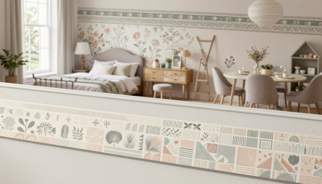 A beautifully decorated wall featuring a variety of decorative border styles, elegantly showcasing three distinct designs that complement different room aesthetics. In the foreground, intricate patterns inspired by nature and modern geometry, highlighting shades of soft pastel colors. The middle layer reveals a stylish salon with tasteful furniture arrangement, where one wall is adorned with a floral wallpaper complemented by a striking decorative border. In the background, airy windows allow natural light to filter in, creating a warm and inviting atmosphere. The scene captures a harmonious blend of designs suitable for various spaces: a cozy bedroom, a sophisticated dining area, and a playful children's room, all unified by the decorative border theme. Soft, diffused lighting enhances the textures, while a slight tilt angle offers a dynamic perspective.