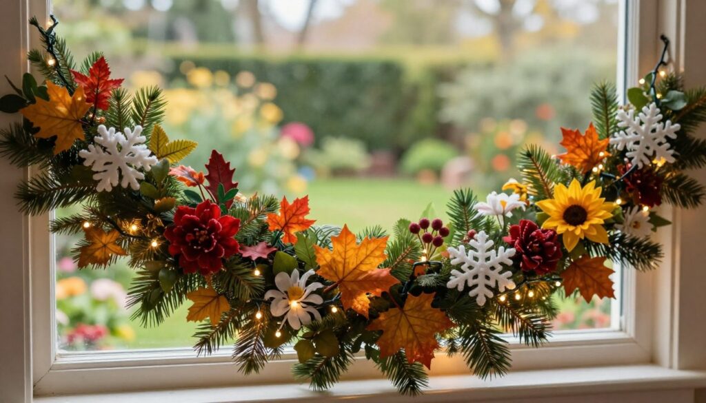 A beautifully decorated window garland, showcasing a variety of styles and seasonal themes. In the foreground, rich greenery intermingles with vibrant flowers and festive elements like twinkling fairy lights. The middle layer features a whimsical collection of colorful decorations, from autumn leaves to winter snowflakes, symbolizing different seasons. Soft, warm lighting creates a cozy atmosphere, enhancing the colors of the decorations. In the background, a softly blurred view of a sunny garden suggests a vibrant outdoor connection. The image should capture the essence of home decoration, highlighting creativity and seasonal charm, with a focus on the interplay of colors and textures in the garland. The perspective is close-up, inviting viewers to appreciate the intricate details of the garland's design.