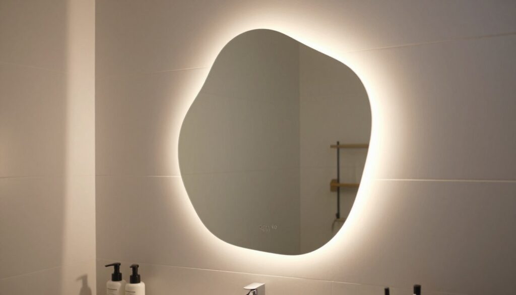 A beautifully designed LED backlit mirror with an irregular shape, elegantly reflecting its surroundings. In the foreground, the mirror stands out with warm white LED lights casting a gentle glow around its edges. The middle layer captures a stylish, modern bathroom with sleek tiles and minimalistic decor, emphasizing the mirror as a centerpiece. The background features soft, ambient lighting that enhances the inviting atmosphere. The scene is captured from a slightly elevated angle, creating depth and a focus on the mirror’s unique contours. Overall, the mood is contemporary and serene, suggesting a sophisticated yet cozy space perfect for relaxation and style.