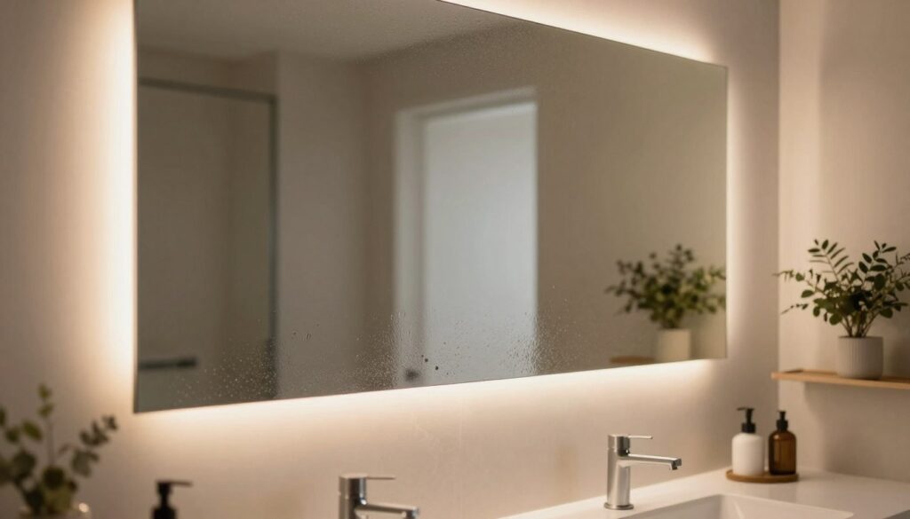A beautifully designed bathroom featuring a sandblasted mirror with ambient backlighting that highlights its textured surface. In the foreground, the mirror reflects gentle light, creating a soft glow. The middle ground includes stylish bathroom fixtures, such as sleek faucets and minimalist shelving, complementing the mirror. In the background, soft-focus elements like light-colored walls and indoor plants enhance the serenity of the space. The lighting should be warm and inviting, with a focus on how the illumination accentuates the mirror's intricate sandblasted patterns. The overall atmosphere is one of modern elegance and tranquility, capturing the essence of luxury and sophistication in interior design.