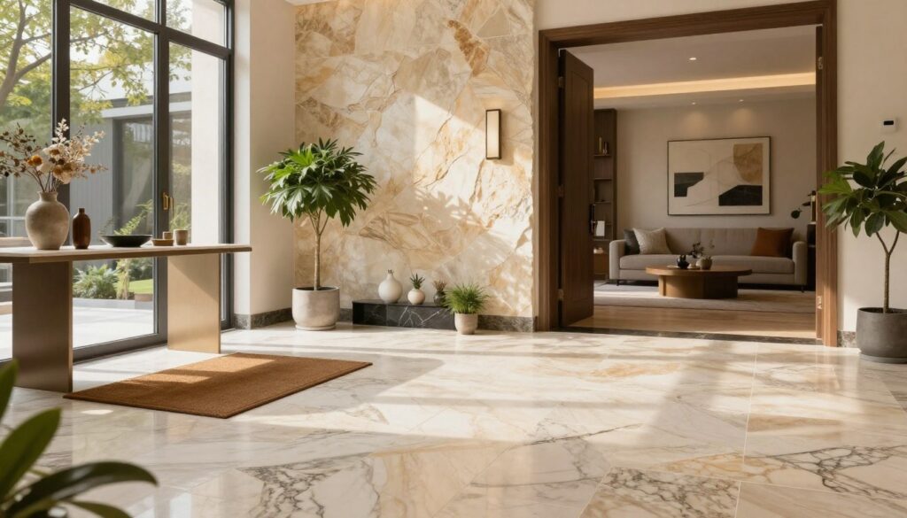 A beautifully designed entrance hall featuring a premium natural stone floor, showcasing elegant patterns and textures of marble and granite. The foreground highlights a stylish welcome mat, complemented by a sleek console table adorned with decorative items. In the middle ground, a stunning natural stone wall adds depth, reflecting soft light from large windows that let in warm, inviting sunlight. Potted greenery adds a touch of freshness, enhancing the ambiance. The background should include a doorway leading to a modern living space, with contemporary art pieces subtly displayed. Capture this scene with a warm color palette, using soft yet bright lighting to evoke a sophisticated and welcoming atmosphere, as if inviting guests into a luxurious home.