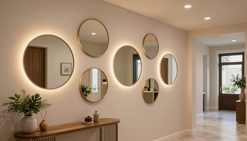 A beautifully designed entryway featuring round mirrors of various sizes and styles, elegantly arranged in a symmetrical pattern on a soft, neutral-colored wall. The foreground includes a stylish console table adorned with decorative plants and a small vase, enhancing the decor. In the middle, the round mirrors have warm backlighting, creating a cozy atmosphere, with gentle reflections of the space around them. The background features a subtle, well-lit hallway that leads to a welcoming entrance. Capture the scene with soft, diffused lighting to evoke a sense of comfort and elegance, using a wide-angle lens to embrace the depth of the area while ensuring a professional, inviting vibe. A beautifully designed entryway featuring round mirrors of various sizes and styles, elegantly arranged in a symmetrical pattern on a soft, neutral-colored wall. The foreground includes a stylish console table adorned with decorative plants and a small vase, enhancing the decor. In the middle, the round mirrors have warm backlighting, creating a cozy atmosphere, with gentle reflections of the space around them. The background features a subtle, well-lit hallway that leads to a welcoming entrance. Capture the scene with soft, diffused lighting to evoke a sense of comfort and elegance, using a wide-angle lens to embrace the depth of the area while ensuring a professional, inviting vibe.