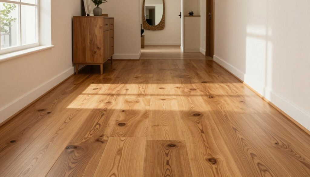 A beautifully designed hallway featuring laminated flooring, showcasing a rich wood grain texture that adds warmth and elegance. The foreground highlights the detailed finish of the laminate panels, with soft shadows cast by warm, natural light filtering in from a nearby window. In the middle ground, minimalist decor complements the flooring, including a stylish shoe cabinet and a decorative mirror. The background displays a welcoming entrance, inviting viewers into the home. The overall mood is bright and inviting, emphasizing durability and style. The image is taken at eye level with a focus on the flooring, framing a cozy yet modern ambiance, perfect for a high-traffic area.