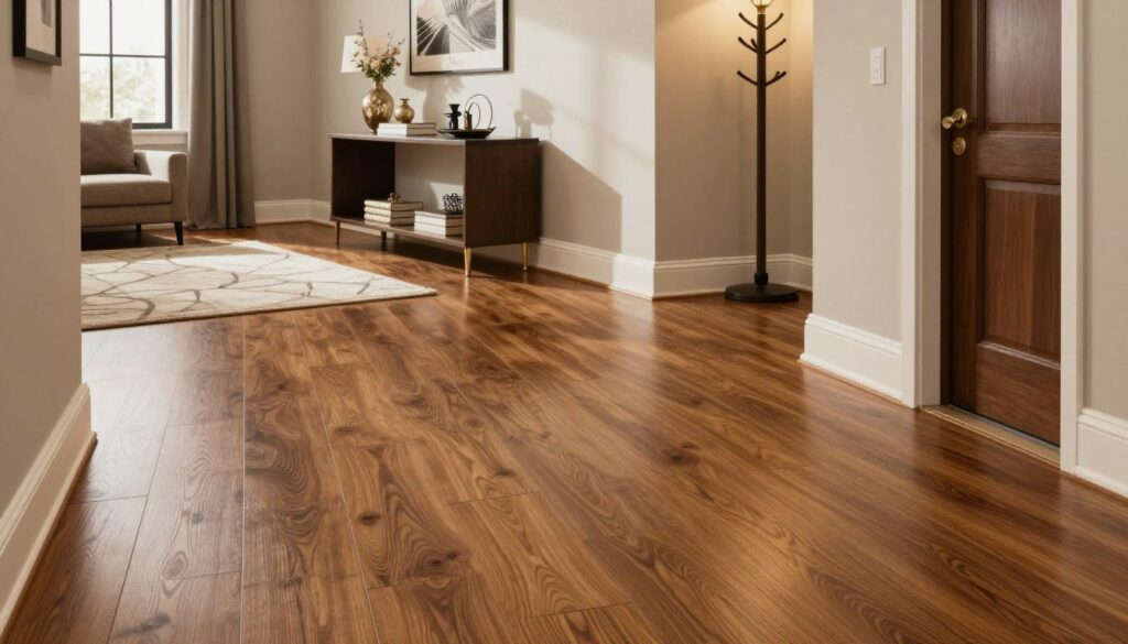 A beautifully designed hallway featuring stylish vinyl flooring, showcasing a modern and practical interior. In the foreground, the floor is a rich, textured wood-like vinyl, reflecting a warm light that adds a cozy ambiance. The middle of the scene includes elegant furniture, such as a sleek console table adorned with decorative items, and a stylish rug that complements the flooring. In the background, soft lighting highlights an inviting coat rack and artful wall decor. The overall mood is warm and welcoming, with natural light streaming in from a nearby window, casting gentle shadows. This setting demonstrates the durability and aesthetic appeal of vinyl flooring in a contemporary entryway.