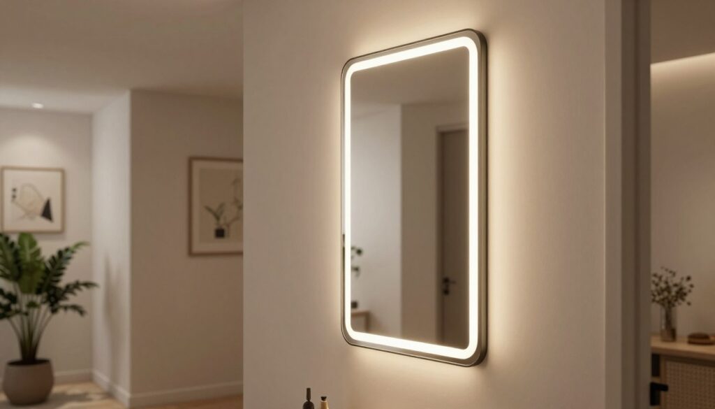 A beautifully designed, illuminated wall mirror tailored to fit a modern hallway, showcasing its sleek, rectangular shape. In the foreground, focus on the mirror itself, elegantly framed with contemporary materials, reflecting soft ambient lighting that bathes the space in warmth. In the middle ground, an airy hallway lined with subtle decorative elements like indoor plants and minimalist art pieces enhances the personal touch of the design. The background features walls painted in soft neutral tones, accentuating the mirror's brilliance. The overall atmosphere is inviting and functional, conveying a sense of elegance and personalization. Soft shadows play across the scene, captured with a wide-angle lens, emphasizing depth, and creating a welcoming environment in the entryway. A beautifully designed, illuminated wall mirror tailored to fit a modern hallway, showcasing its sleek, rectangular shape. In the foreground, focus on the mirror itself, elegantly framed with contemporary materials, reflecting soft ambient lighting that bathes the space in warmth. In the middle ground, an airy hallway lined with subtle decorative elements like indoor plants and minimalist art pieces enhances the personal touch of the design. The background features walls painted in soft neutral tones, accentuating the mirror's brilliance. The overall atmosphere is inviting and functional, conveying a sense of elegance and personalization. Soft shadows play across the scene, captured with a wide-angle lens, emphasizing depth, and creating a welcoming environment in the entryway.