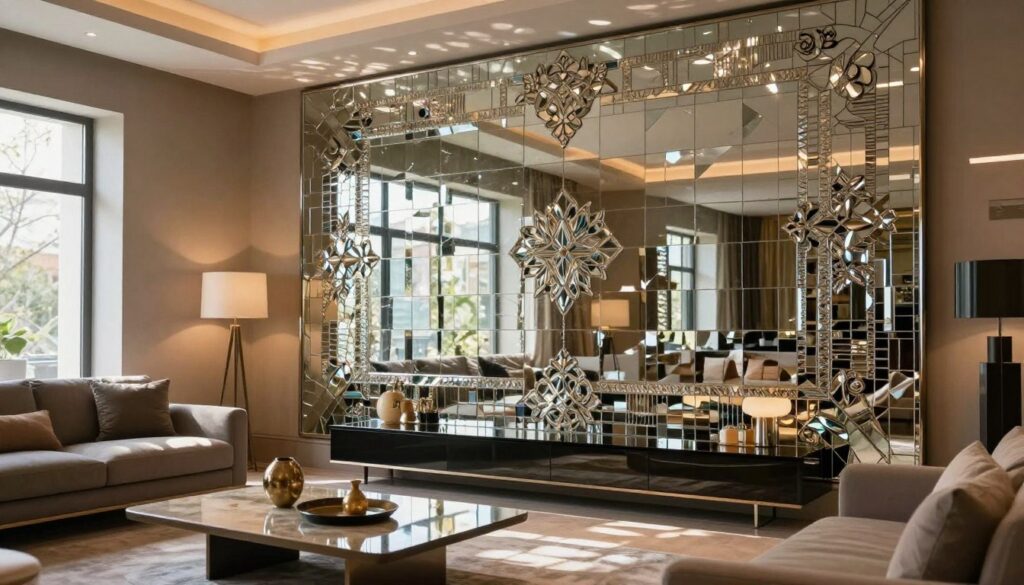 A beautifully designed interior space featuring a striking mirror mosaic, reflecting light and color in unique patterns. In the foreground, a sleek, contemporary furniture piece complements the mosaic wall, while a stylish coffee table with decorative items adds warmth. The middle ground showcases a large, intricately patterned mirror tile wall that sparkles and captures the essence of elegance, creating a focal point. The background reveals softly lit ambient lighting that enhances the reflective qualities of the mosaic, suggesting a cozy, inviting atmosphere. The scene is captured with a wide-angle lens, emphasizing the depth and dimensionality of the space, with soft natural light streaming in through large windows, creating a harmonious balance of reflections and shadows.
