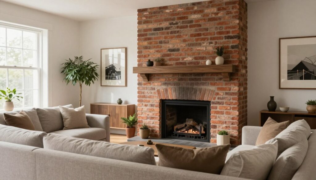 A beautifully designed living room featuring a klinkier brick fireplace as the centerpiece. In the foreground, a stylish, modern sofa set adorned with soft cushions in neutral colors sits invitingly. The middle ground showcases the elegant klinkier fireplace, with its rich, earthy tones contrasting against a backdrop of white walls, creating a warm ambiance. Soft, natural lighting filters through large windows, illuminating the space and casting gentle shadows. In the background, decorative elements like potted plants and artwork create a tasteful and cozy atmosphere, inviting relaxation and conversation. The overall mood is sophisticated yet comfortable, reflecting a perfect blend of traditional brickwork and modern interior design. The composition is taken from a slightly elevated angle to capture the depth of the room. A beautifully designed living room featuring a klinkier brick fireplace as the centerpiece. In the foreground, a stylish, modern sofa set adorned with soft cushions in neutral colors sits invitingly. The middle ground showcases the elegant klinkier fireplace, with its rich, earthy tones contrasting against a backdrop of white walls, creating a warm ambiance. Soft, natural lighting filters through large windows, illuminating the space and casting gentle shadows. In the background, decorative elements like potted plants and artwork create a tasteful and cozy atmosphere, inviting relaxation and conversation. The overall mood is sophisticated yet comfortable, reflecting a perfect blend of traditional brickwork and modern interior design. The composition is taken from a slightly elevated angle to capture the depth of the room.