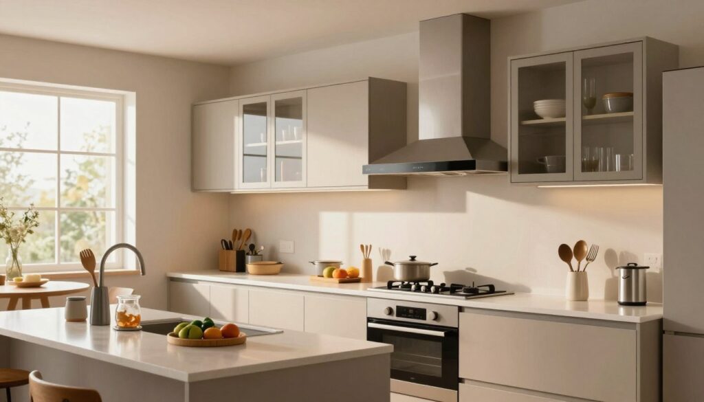 A beautifully designed modern kitchen showcasing ergonomics in layout, focusing on essential heights and clearances. In the foreground, a sleek kitchen countertop features organized utensils and ingredients, emphasizing accessibility. The middle ground displays wall-mounted cabinets at an optimal height, elegantly designed with glass fronts, creating a spacious feel. A well-placed range hood complements the gas stove below, demonstrating practical height for effective ventilation. In the background, warm, natural light filters through a large window, highlighting a minimalist dining area, enhancing the inviting atmosphere. The overall mood is one of efficiency and comfort, showcasing how thoughtful design makes cooking easier and more enjoyable.