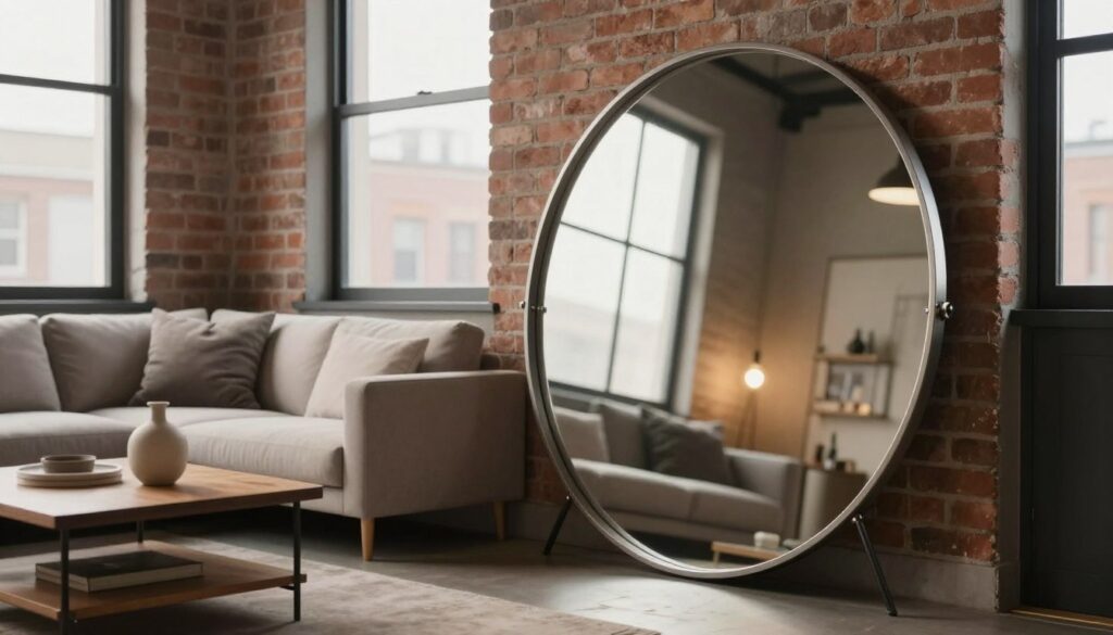 A beautifully designed round loft mirror stands prominently in a chic urban living room. The foreground features the mirror reflecting soft, ambient light, showcasing its sleek metal frame with industrial accents. In the middle, a stylish sofa with neutral-toned cushions complements the decor, while a small wooden coffee table adorned with a minimalist vase enhances the scene. The background displays exposed brick walls and large windows that allow natural light to flood the room, creating an inviting and warm atmosphere. The overall lighting is soft and diffused, evoking a cozy yet modern vibe, captured from a slightly elevated angle to emphasize the mirror's design and its integration with loft-style furnishings.